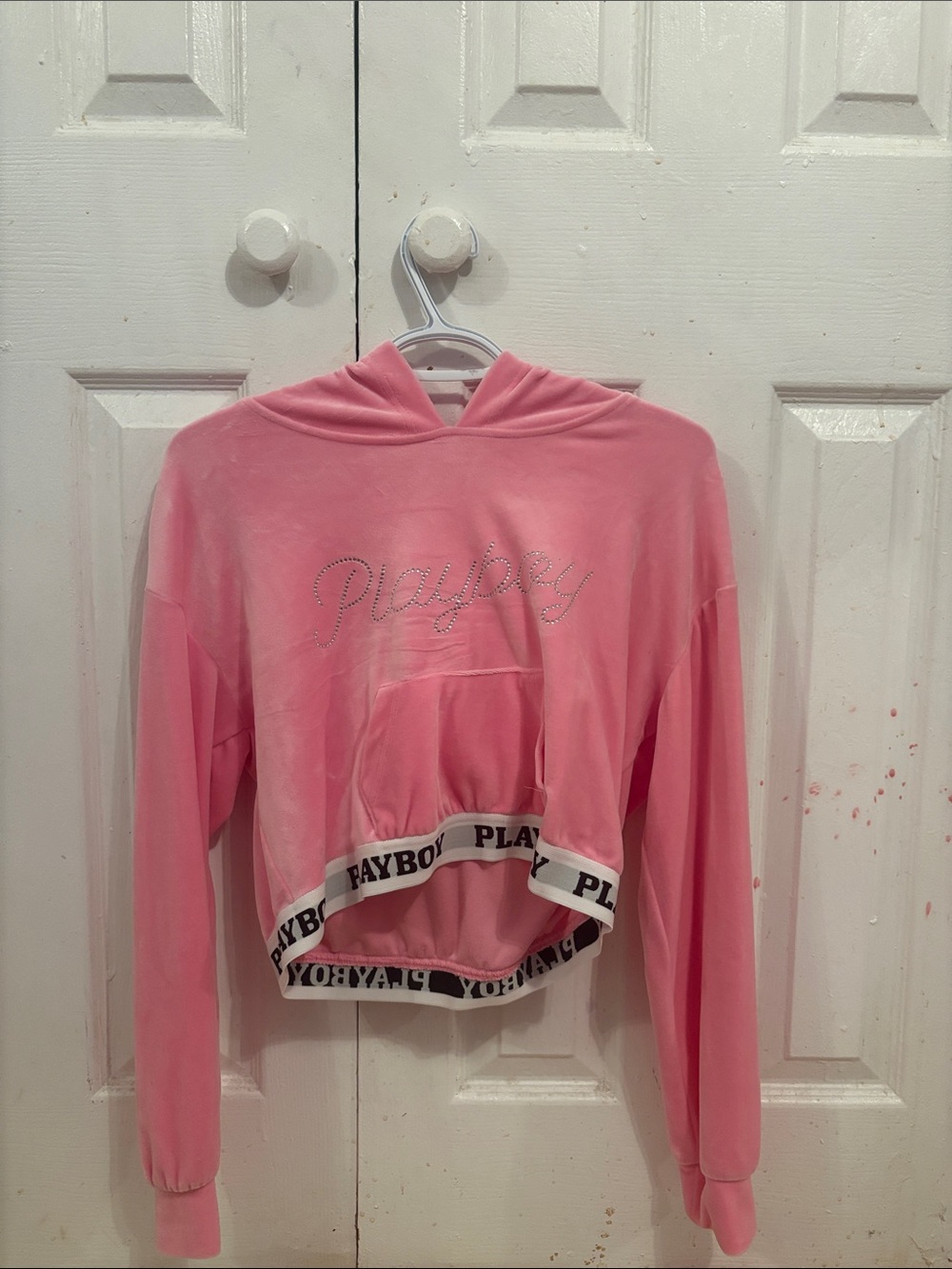 PLAYBOY Pink Velour Cropped Hoodie with Rhinestone Script